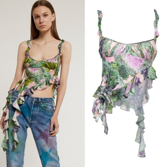 Collina Strada Wisteria Ruffle Silk Top in Cabbage Patch Size Medium - Picture 1 of 10